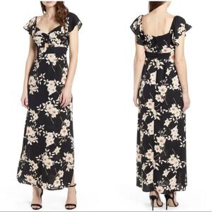 Row A NWT Twist Front Cap Sleeve Maxi Dress Black Floral Size Large
